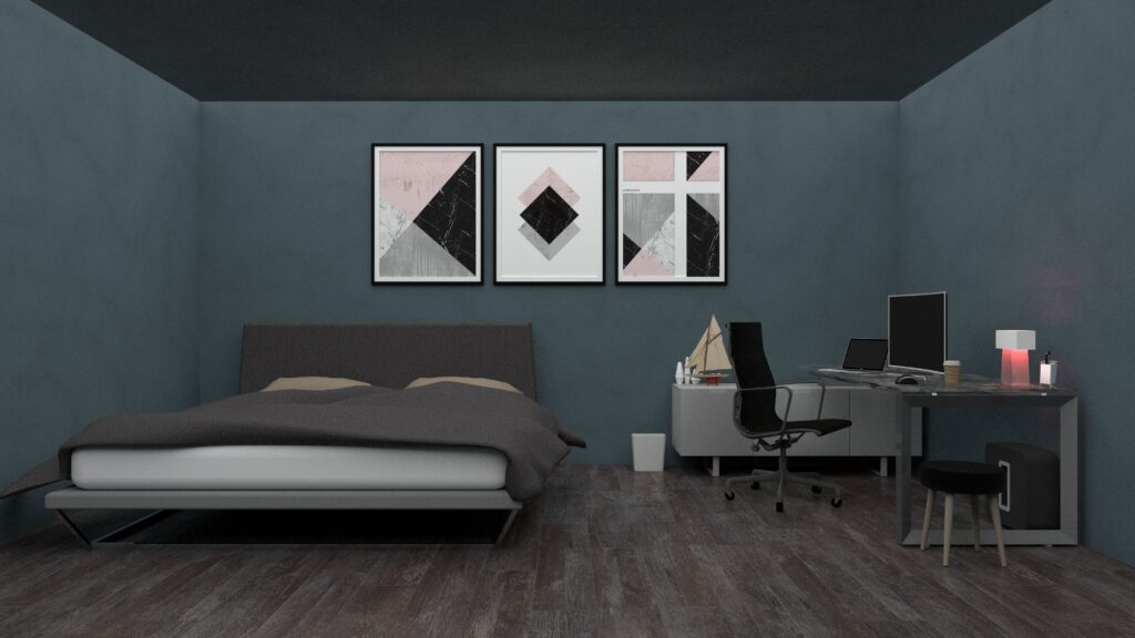 pexels-photo-13043955-13043955 Stylish bedroom with a desk, modern art, and gray walls featuring minimalist design elements.