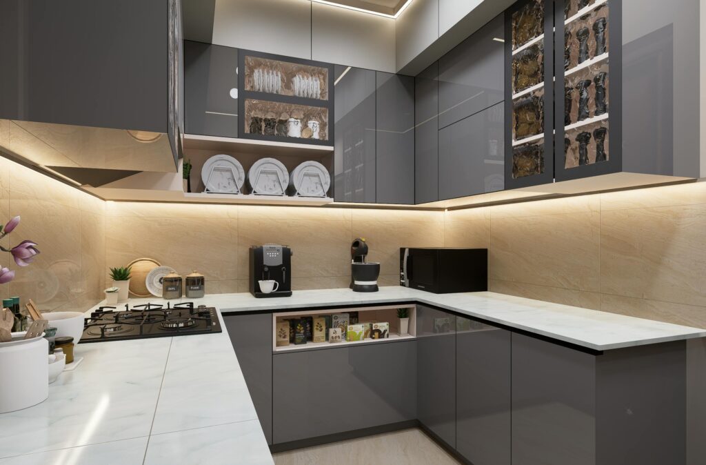 pexels-photo-32177982-32177982-1 Sleek and modern kitchen with grey cabinets and marble countertops, featuring lighting.