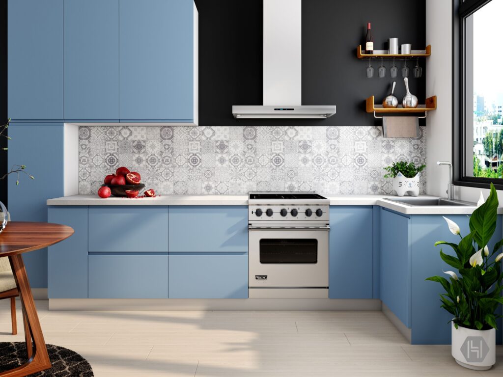 pexels-photo-3926542-3926542 Sleek blue kitchen with elegant decor, featuring white backsplash and modern appliances.