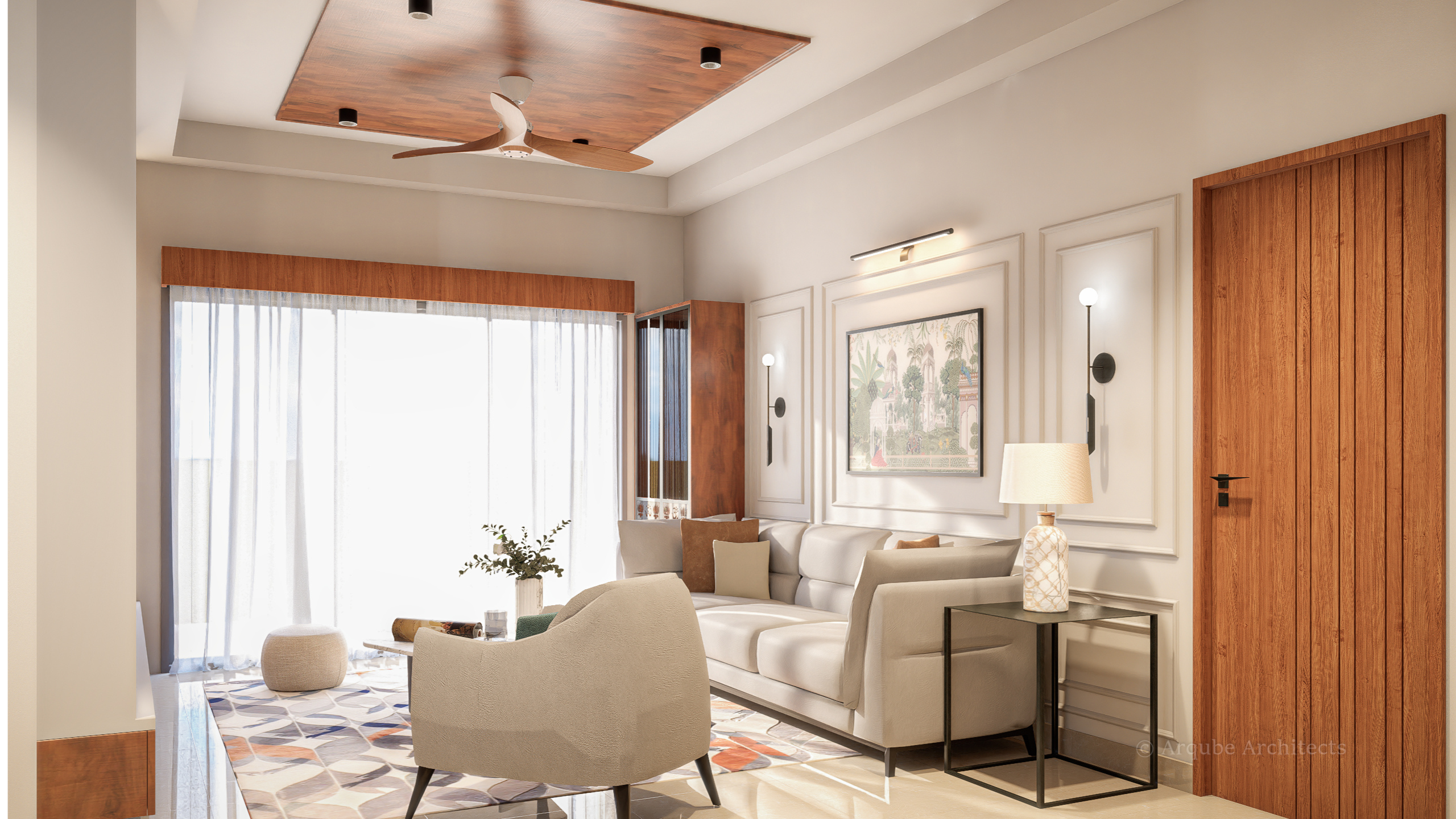 Elegant dining room with modern chandelier, minimalist design, and luxury furnishings.